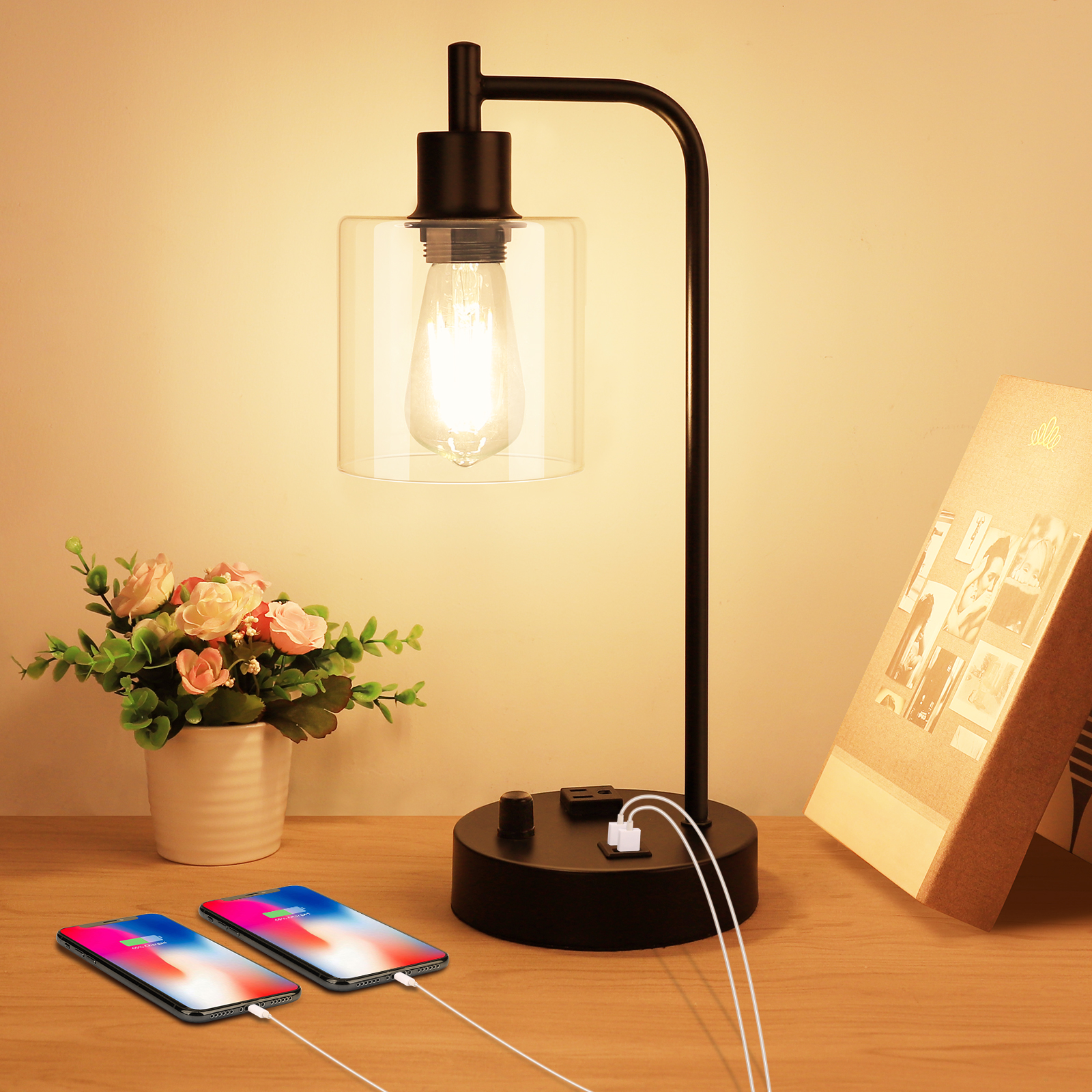 Industrial Table Lamp, Stepless Dimmable with 2 USB Ports and AC Power Outlet