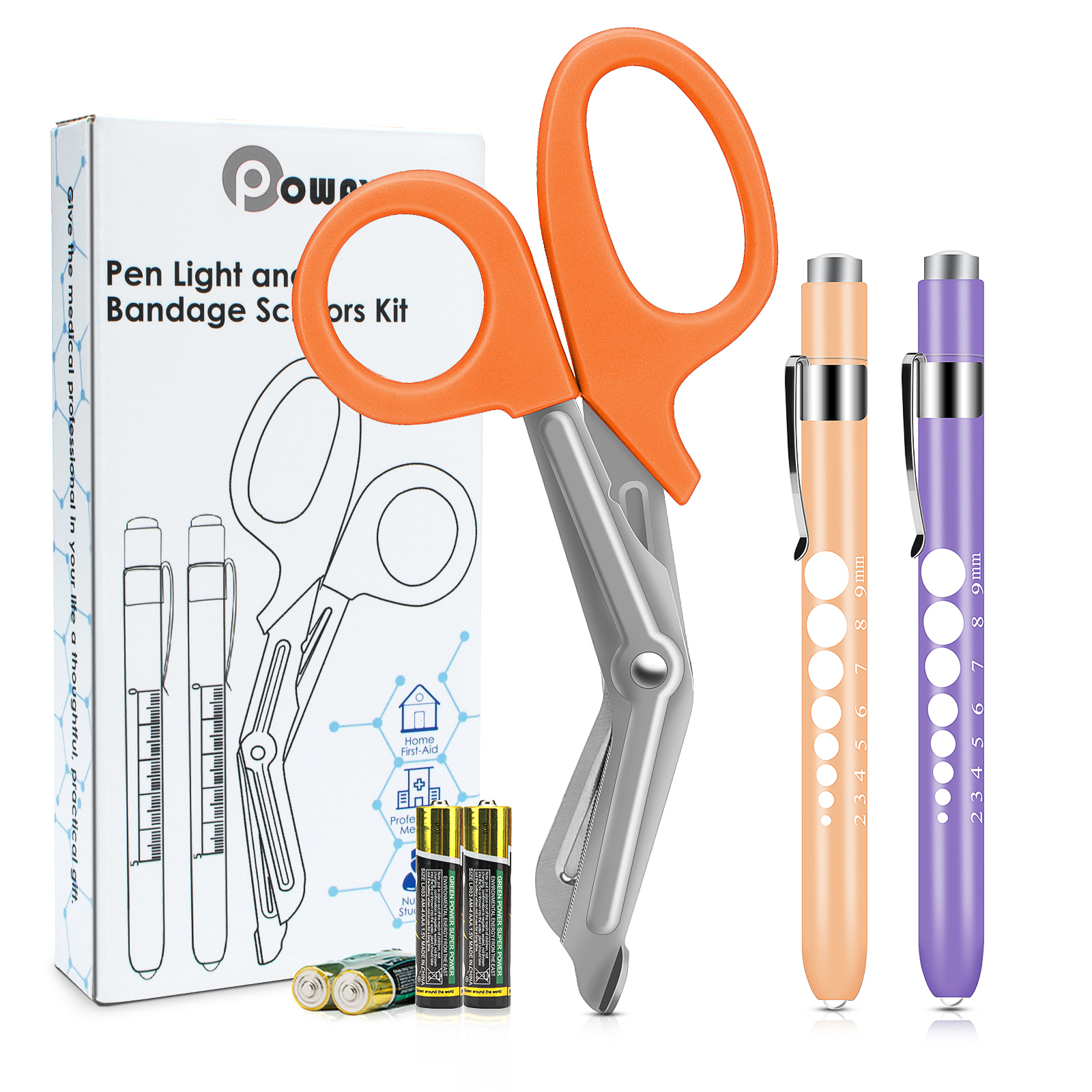 OPOWAY Medical Pen Light and Orange Bandage Scissors 3 Pack, Two Reusable LED Pupil Penlight,  with Free Batteries