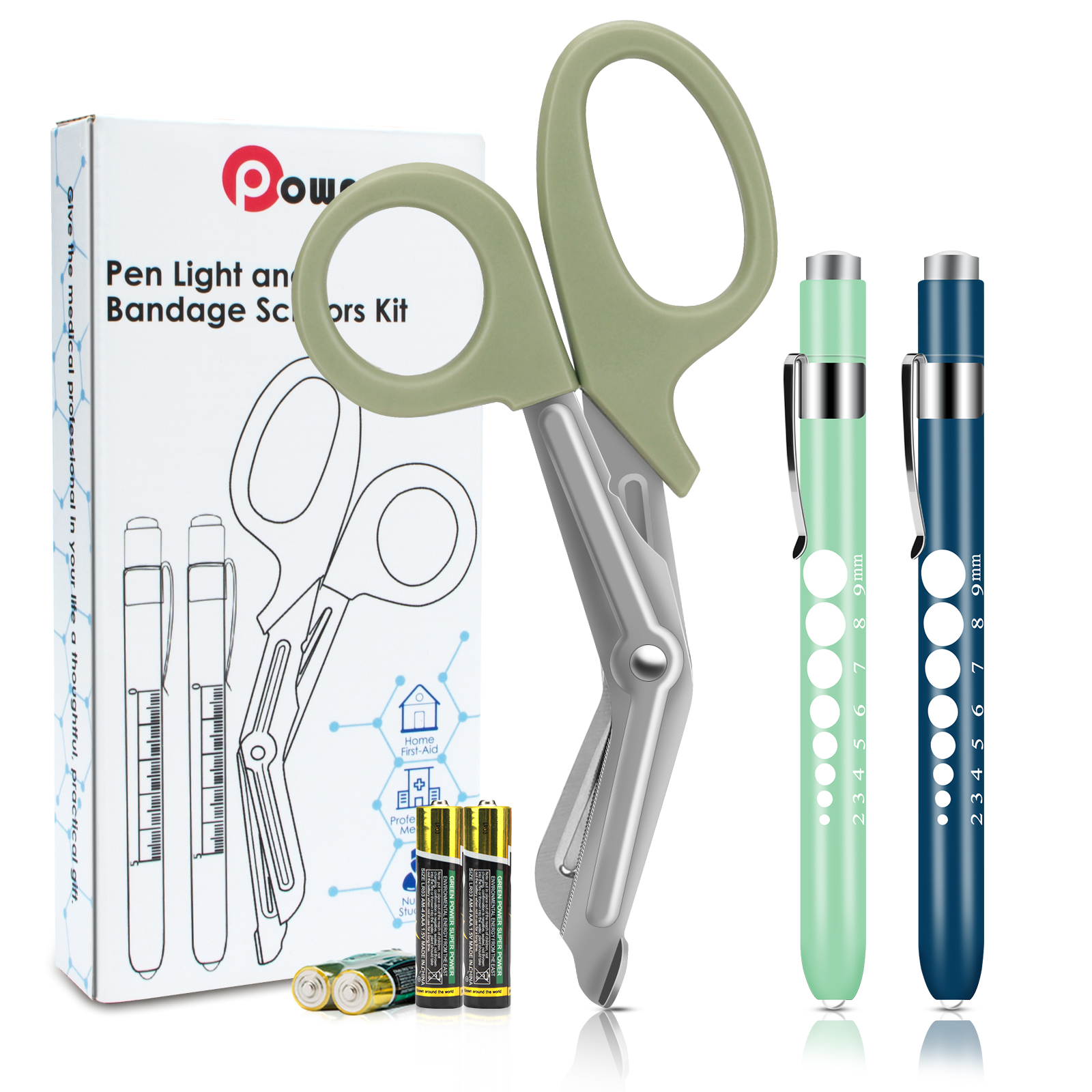 OPOWAY Medical Pen Light and Green Bandage Scissors 3 Pack, Two Reusable LED Pupil Penlight, with Free Batteries
