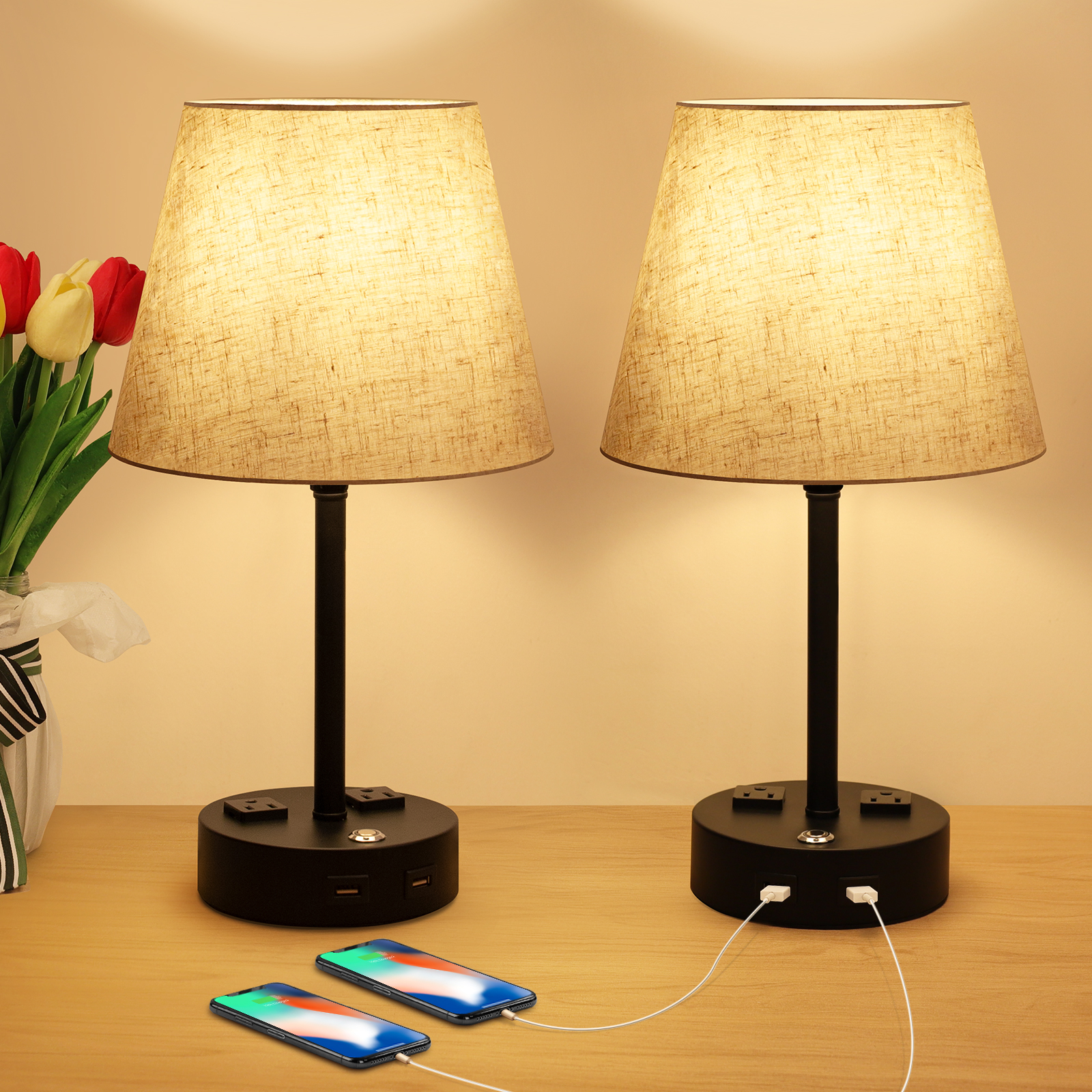 Lámparas de dormitorio, Lámpara de mesa de noche USB, Juego de lámparas de noche regulables 2