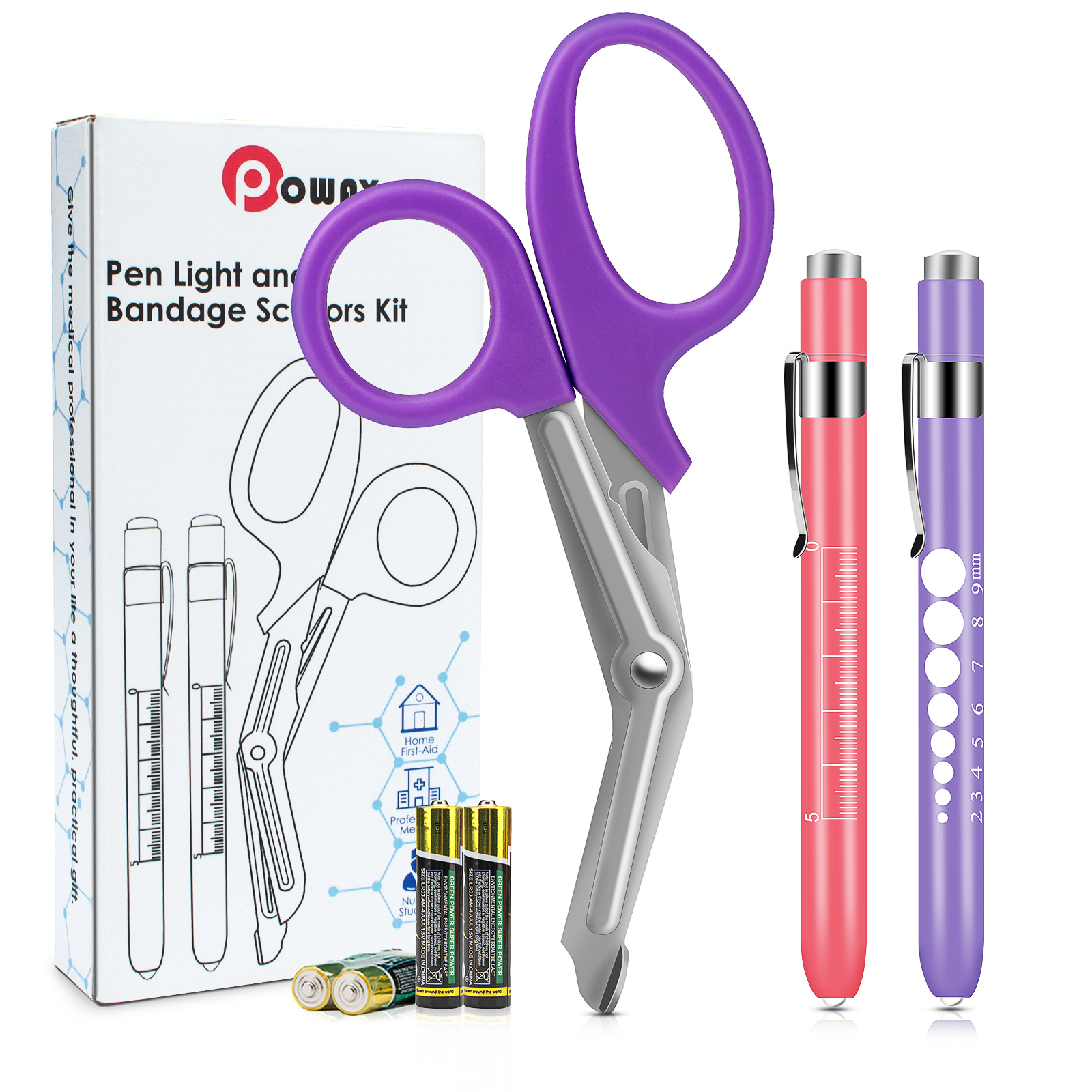 OPOWAY Medical Pen Light y tijeras de vendaje moradas 3 Paquete, Dos bolígrafos LED de pupila reutilizables, con Baterías Gratis